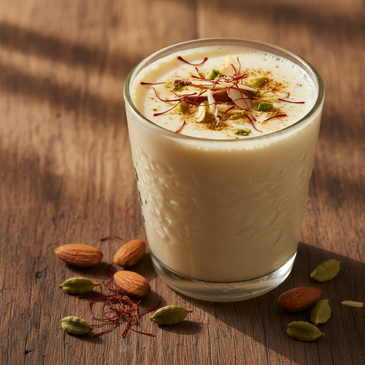 A glass of badam milk (saffron almond milk) topped with saffron threads, slivered almonds, and chopped pistachios, with whole almonds and green cardamom pods alongside on a wooden table.