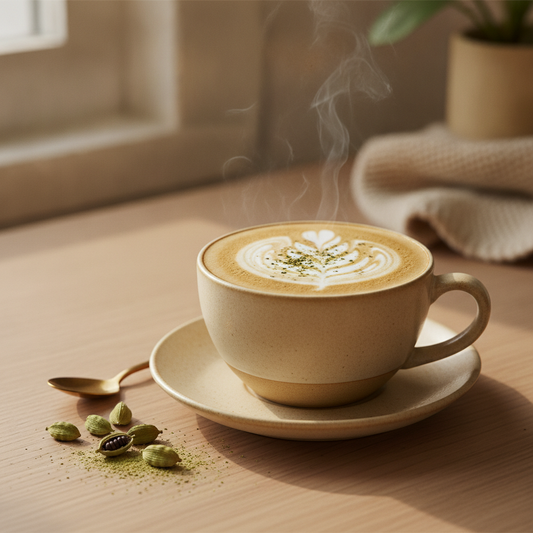 Cardamom latte in a cream ceramic cup with latte art, dusted with green cardamom beside whole cardamom pods on a light wood table