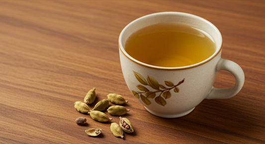 Ceramic cup of cardamom tea with whole green cardamom pods scattered around on a wooden surface