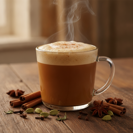 A frothy chai latte in a clear glass mug dusted with cinnamon, surrounded by cinnamon sticks, green cardamom pods, cloves, and star anise on a rustic wooden table.