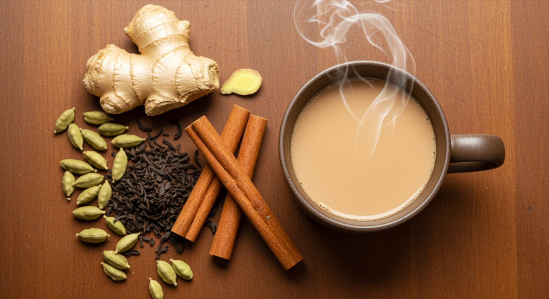 Steaming cup of chai tea surrounded by whole cardamom pods, a cinnamon stick, and fresh ginger root