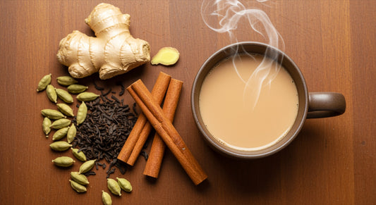 Steaming cup of chai tea surrounded by whole cardamom pods, a cinnamon stick, and fresh ginger root
