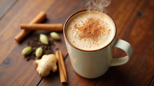 Overhead view of a chai tea latte in a ceramic mug with foam dusted in cinnamon, surrounded by cinnamon sticks, cardamom pods, and fresh ginger on a wooden surface