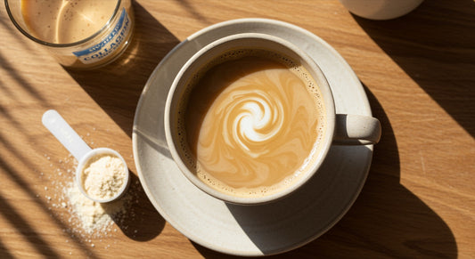Overhead flat lay showing different collagen drink formats including powder, tea, coffee, a ready-to-drink bottle, and bone broth