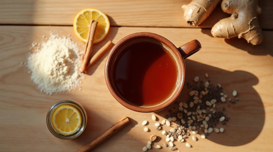 Overhead view of collagen chai tea in an earthenware mug with cardamom pods, cinnamon, ginger, and hydrolyzed collagen powder