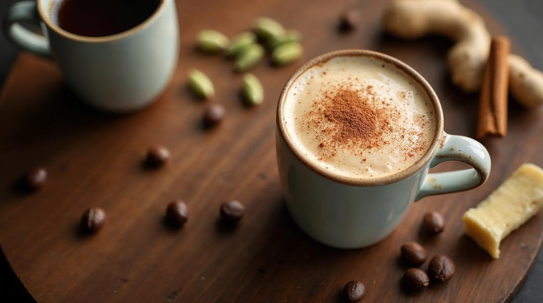 Overhead view of a dirty chai latte in a ceramic mug with cinnamon-dusted foam, espresso cup visible in background, coffee beans and whole cardamom scattered on a wooden surface