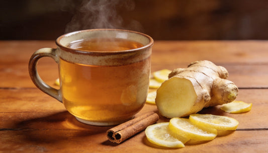 Steaming ceramic mug of ginger cinnamon tea surrounded by fresh ginger root, Ceylon cinnamon stick, and lemon slices on a wooden surface