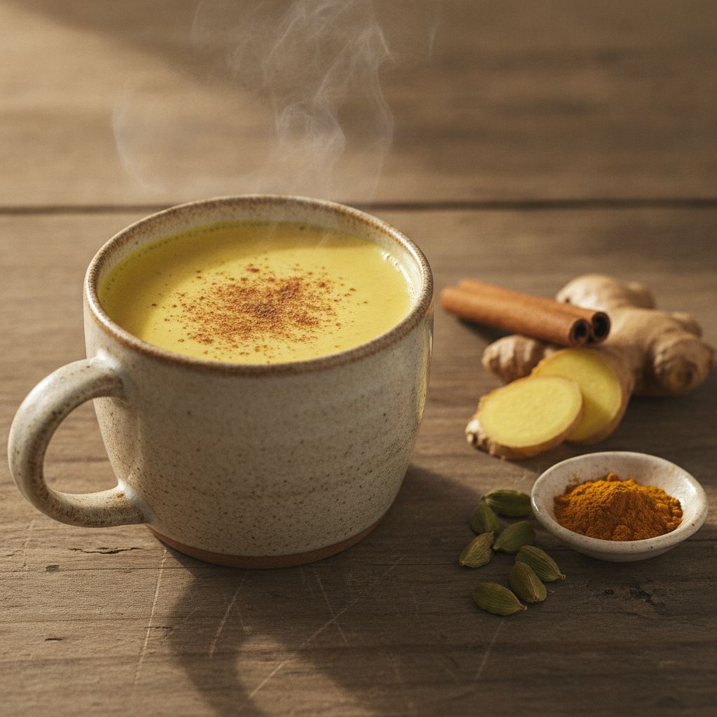 A steaming cup of golden milk (turmeric latte) in a cream ceramic mug dusted with cinnamon, with fresh ginger, a cinnamon stick, cardamom pods, and a dish of ground turmeric alongside on a wooden table.