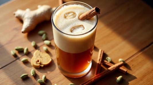 Tall glass of iced chai latte with visible ice cubes, layered amber chai and cream milk, garnished with a cinnamon stick on a wooden surface