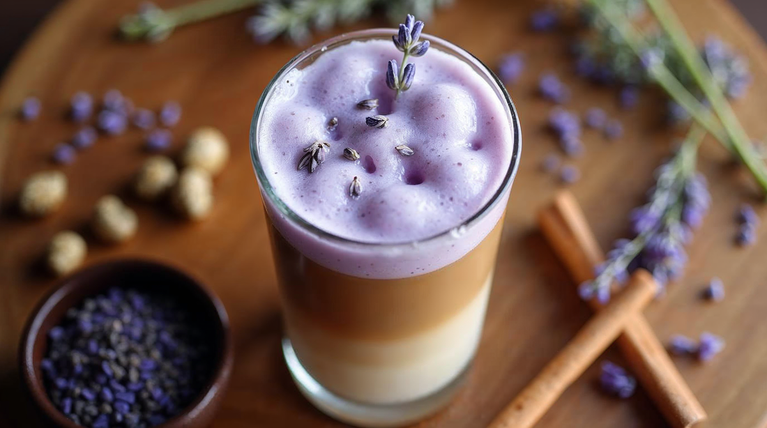 Iced lavender cream chai with vibrant purple foam on top, amber chai concentrate in the middle, and milk on the bottom, garnished with fresh lavender buds and cinnamon
