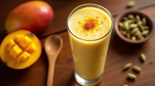 Tall glass of mango lassi topped with saffron threads and cardamom dust, fresh mango cut open beside it on a wooden surface