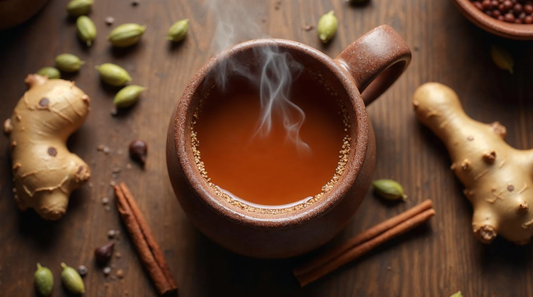 Overhead view of traditional masala chai in a rustic mug with whole cardamom pods, cinnamon stick, and fresh ginger root scattered on a wooden surface