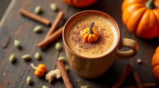 Pumpkin chai latte in an earthenware mug with mini pumpkin garnish, cinnamon sticks and cardamom pods on a rustic wooden surface