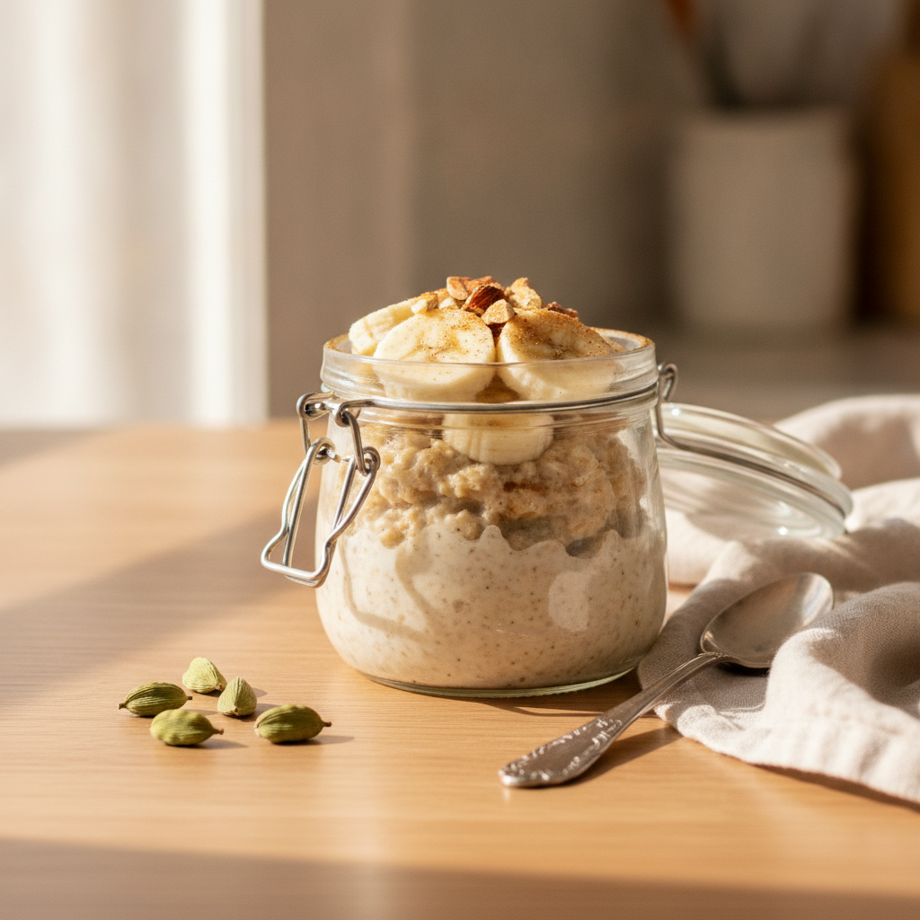 Glass jar of creamy cardamom overnight oats topped with banana slices, chopped almonds and a dusting of cinnamon, with green cardamom pods and a spoon
