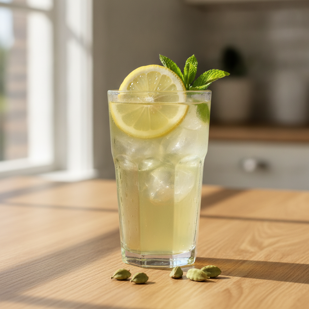 Tall glass of iced cardamom green tea over ice, garnished with a lemon wheel and fresh mint, with whole green cardamom pods on a wooden table