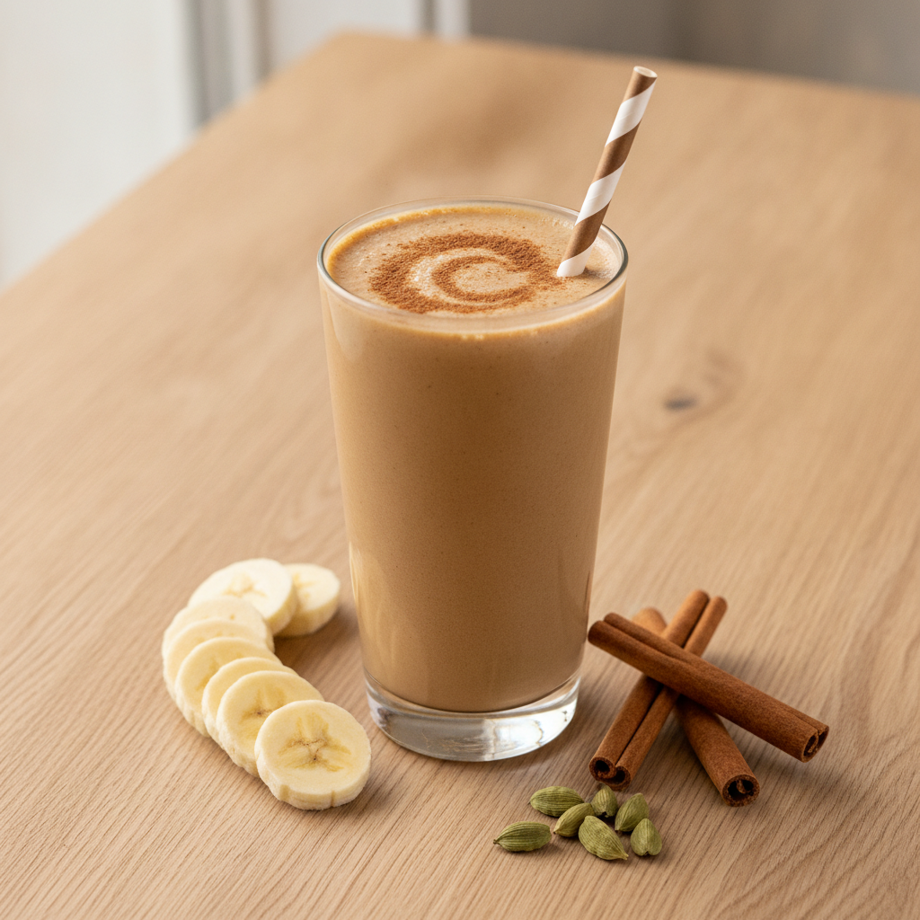 Tall glass of creamy chai-spiced Spice Rush collagen smoothie dusted with cinnamon, with a paper straw, banana slices, cinnamon sticks and cardamom pods