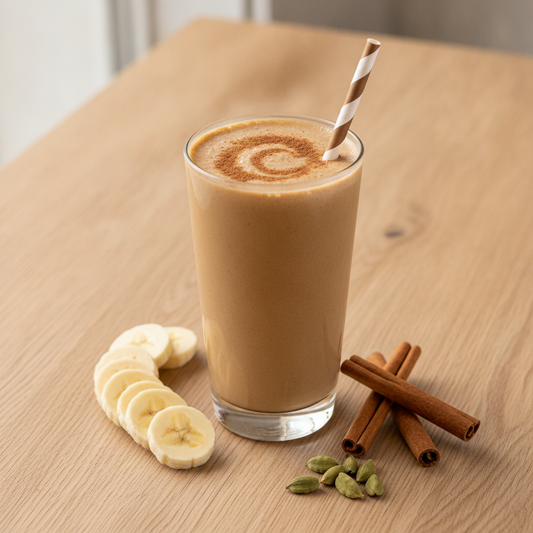 Tall glass of creamy chai-spiced Spice Rush collagen smoothie dusted with cinnamon, with a paper straw, banana slices, cinnamon sticks and cardamom pods
