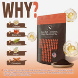 Spice Rush ingredient breakdown infographic showing collagen, black tea, cardamom, ginger, and cinnamon with milled tea powder in a wooden bowl