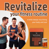 Three friends in athletic wear laughing while holding a Spice Rush pouch, promoting a revitalized fitness routine