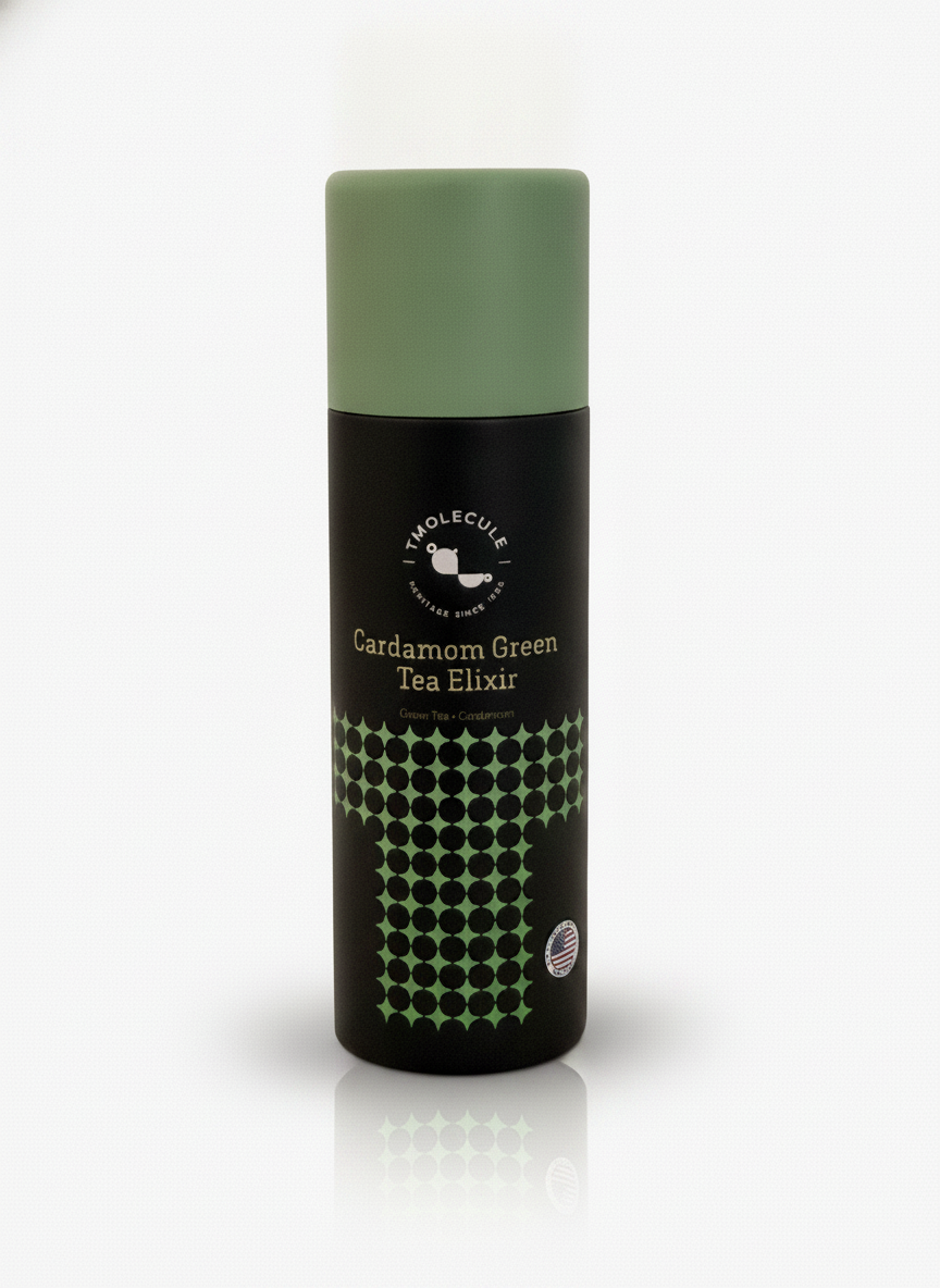 Cardamom & Green Tea Elixir by TMolecule — matte black bottle with a sage-green cap, on a white background