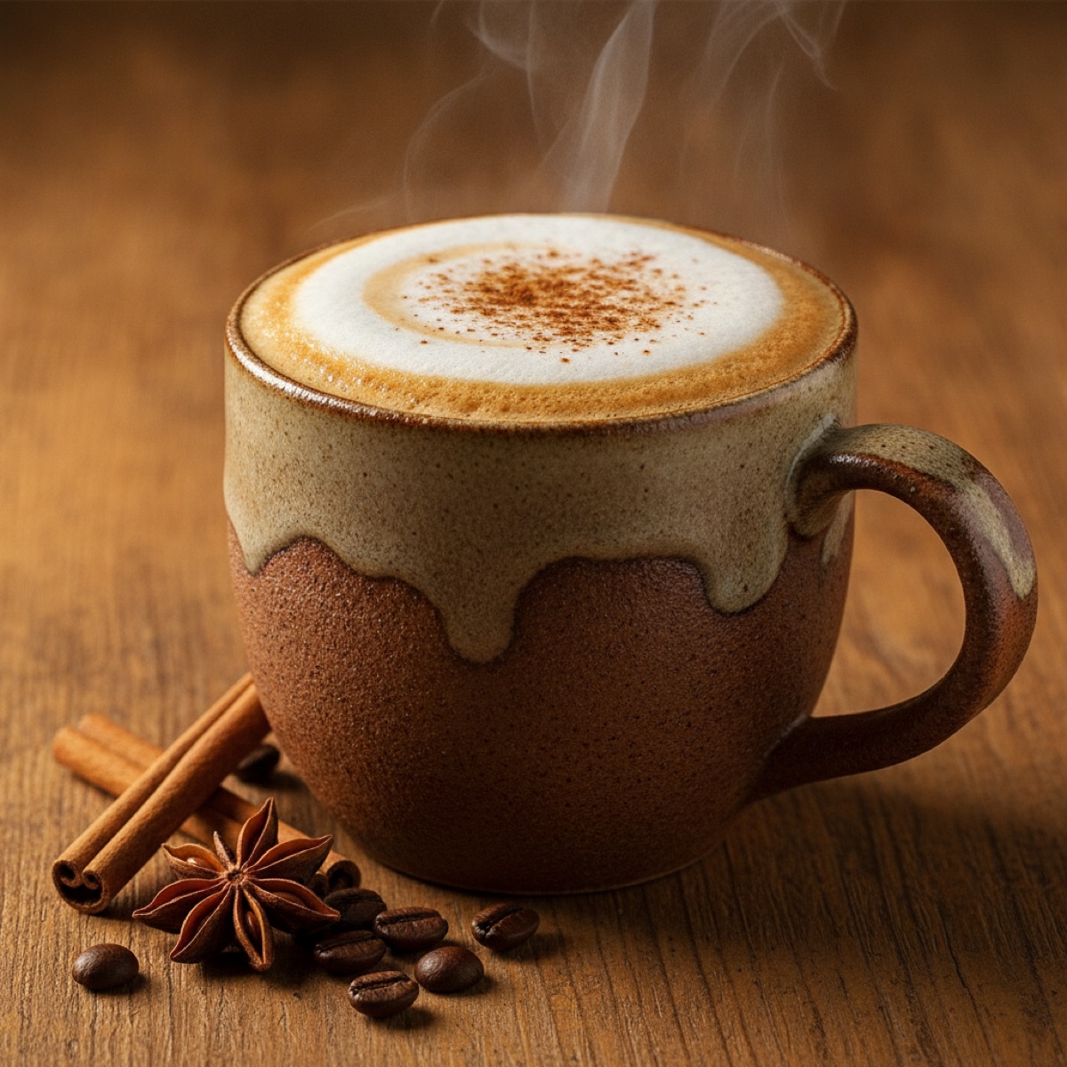 A dirty chai latte in a rustic ceramic mug topped with frothy milk and a dusting of cinnamon, with a cinnamon stick, star anise and coffee beans beside it