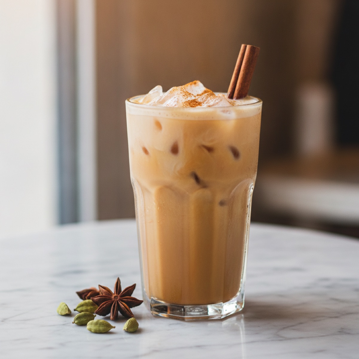 A tall glass of iced chai latte layered over ice and garnished with a cinnamon stick, with green cardamom pods and a star anise on a marble surface